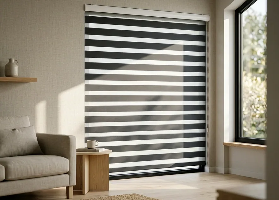 Zebra-style day and night blind dialled to alternating sheer and dense bands across a wide window in a Beaulieu living room