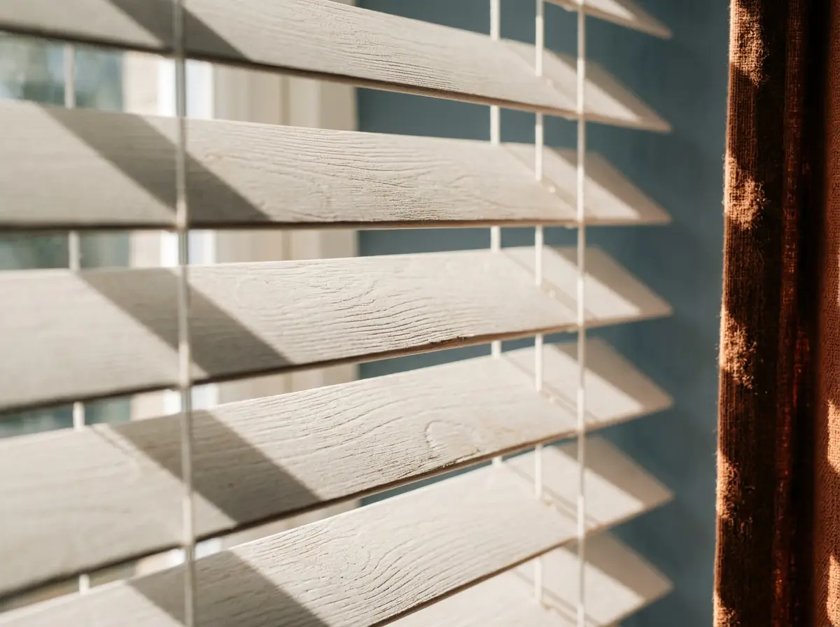 Close-up of wide timber venetian slats tilted against low afternoon sun, on a slate blue-grey wall in a Beaulieu home