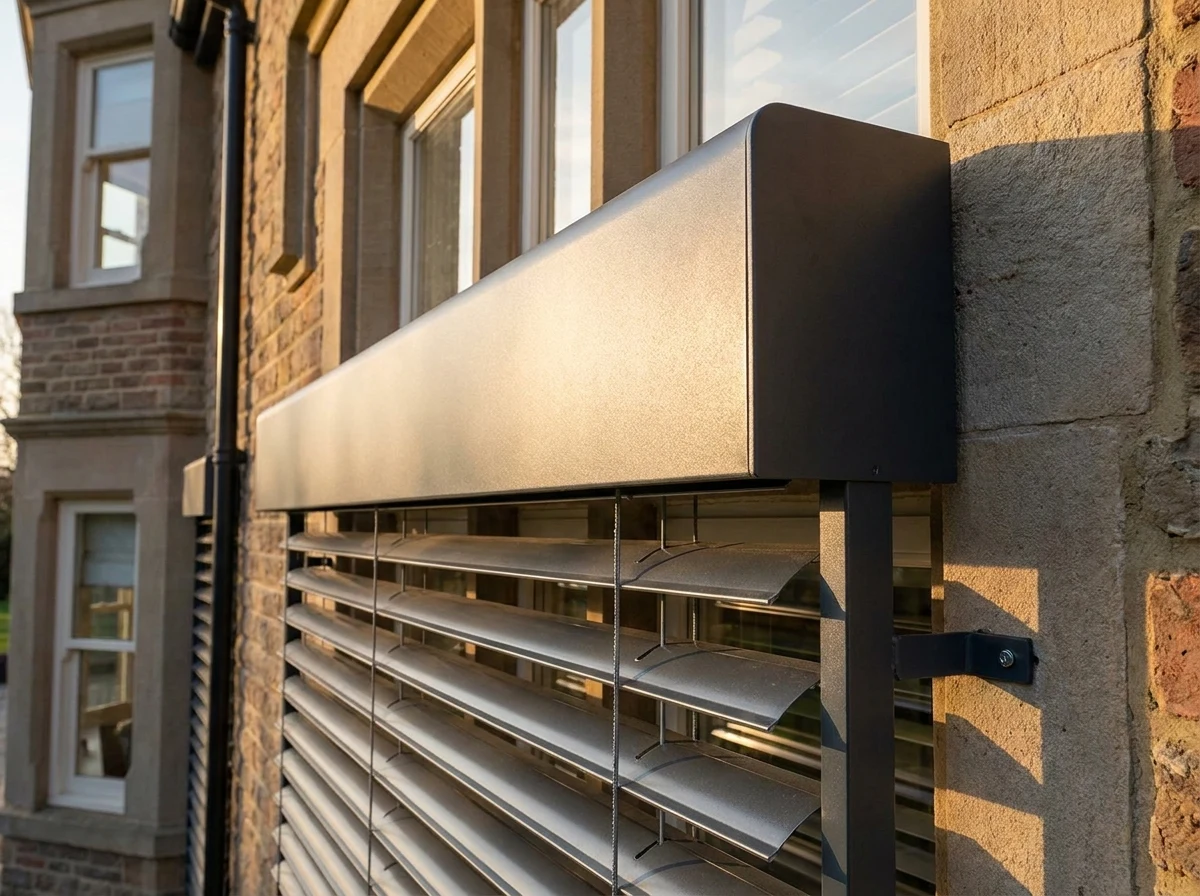 Motor housing integrated at the head of an external aluminium venetian blind system on a Beaulieu home