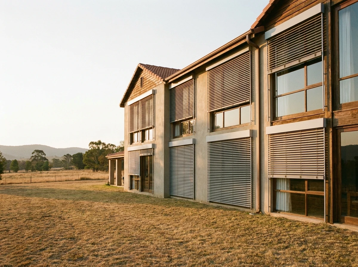 Wide exterior shot of a Beaulieu estate home facade with external aluminium venetian blinds over several windows