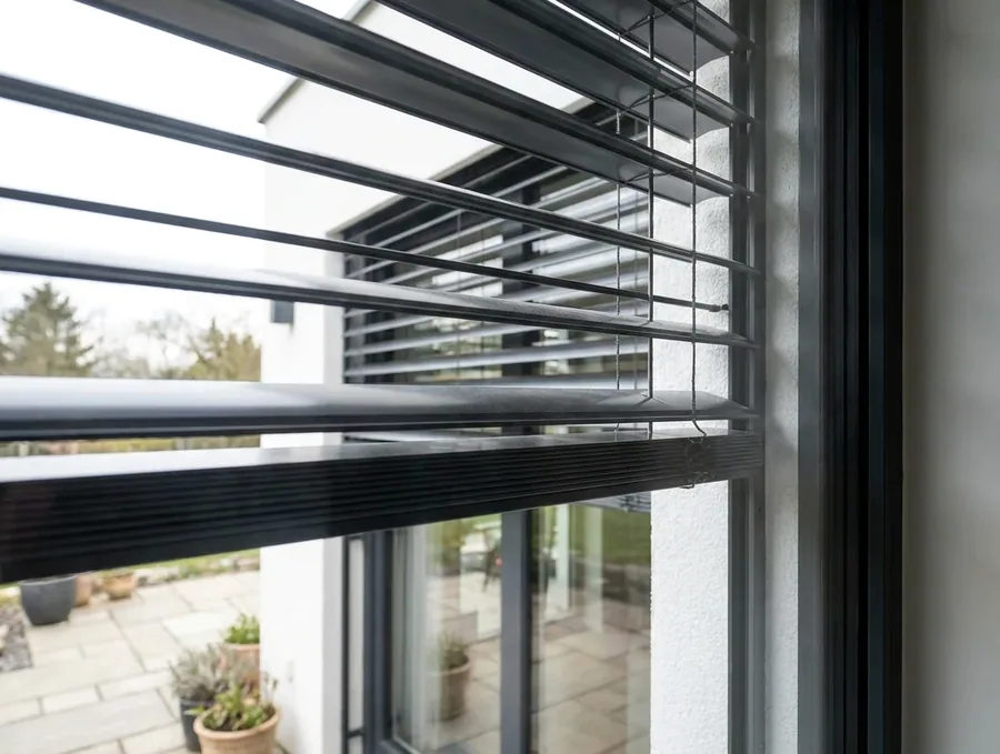 Wide aluminium external venetian slats mounted outside the glass on a Beaulieu-style home, tilted against the afternoon sun
