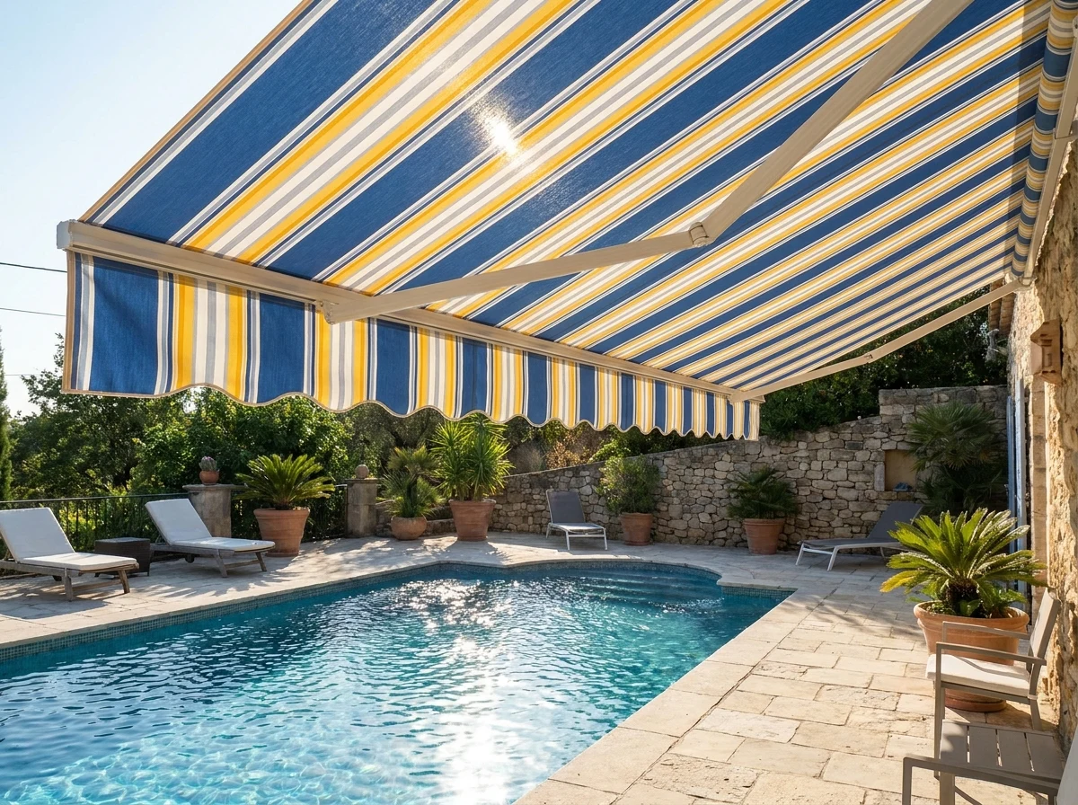 Folding-arm awning fully extended over a poolside patio on a Beaulieu estate, bright midday sun