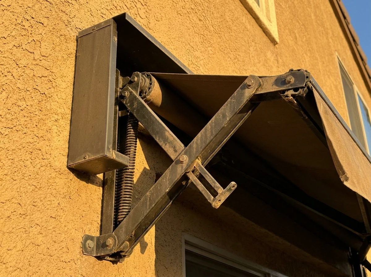 Close-up of a folding-arm awning's spring-tensioned arm and cassette mechanism on a Beaulieu patio