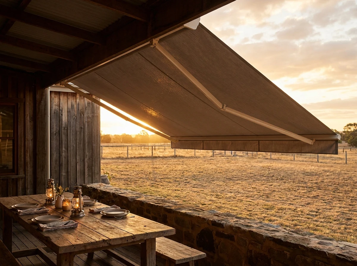 Folding-arm awning shading a stoep dining table at sunset on a Beaulieu estate, open paddock visible beyond