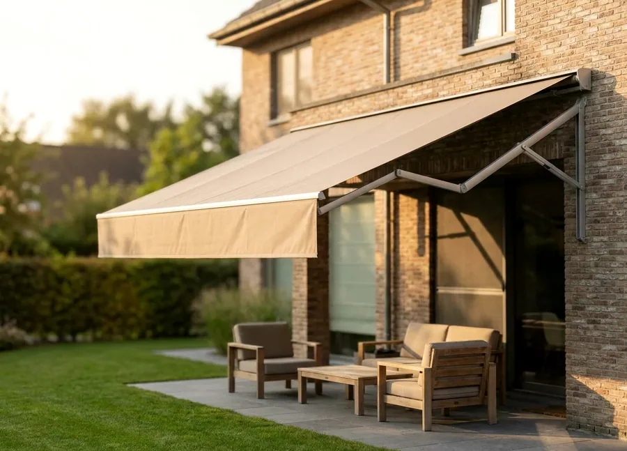 A folding-arm awning extended over a Beaulieu patio on spring-tensioned arms, with no posts touching the ground
