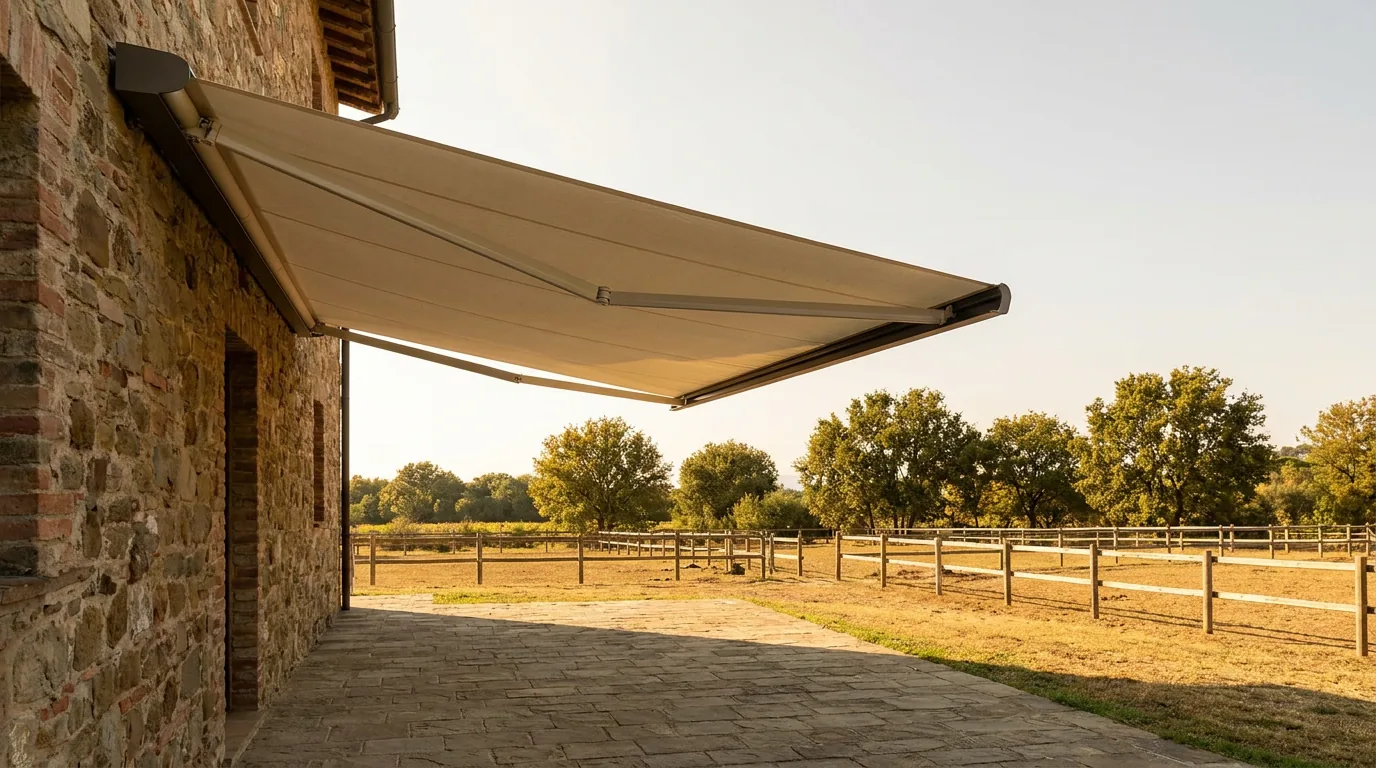 Folding-arm awning extended from a wall-mounted cassette over a stone stoep on a Beaulieu-style home, shading the paving with nothing standing on it, open paddock beyond
