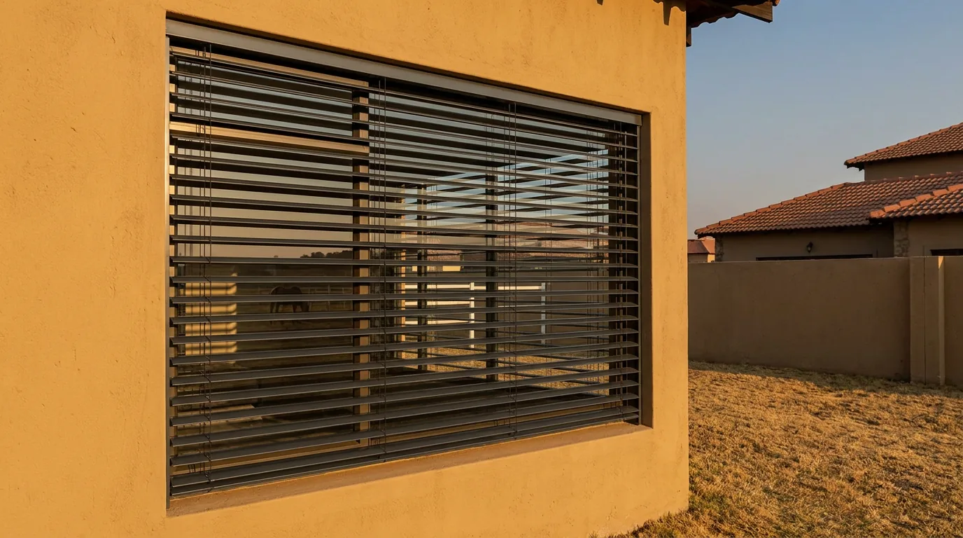 External aluminium venetian blinds mounted outside a west-facing window on a plastered Beaulieu-style home, slats tilted against a low late-afternoon sun, paddock and a grazing horse visible beyond the wall