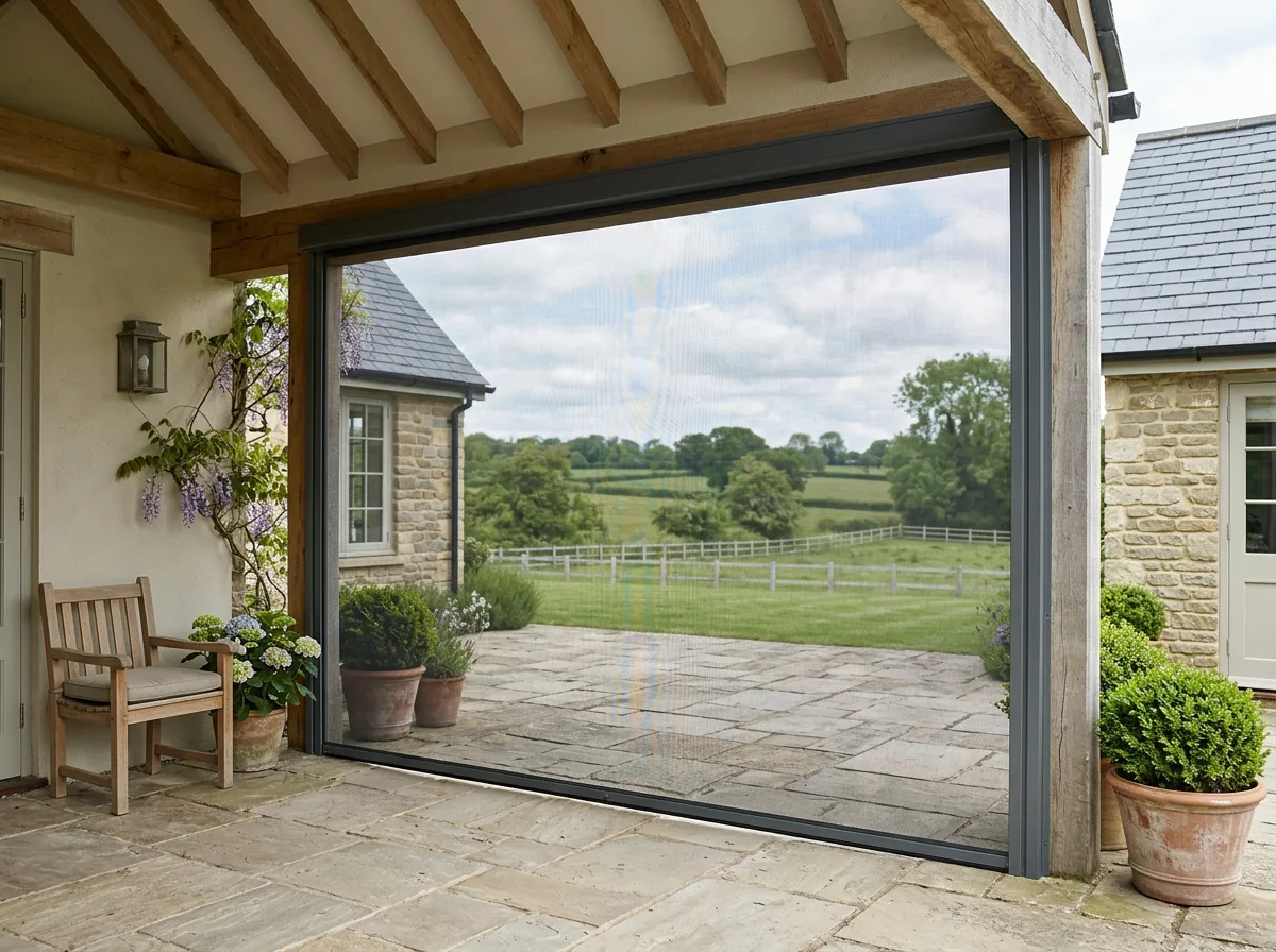 A zip screen — flat mesh held taut in vertical side channels — closing the open side of a covered patio on a Beaulieu-style home, paddock and post-and-rail fencing visible through the mesh