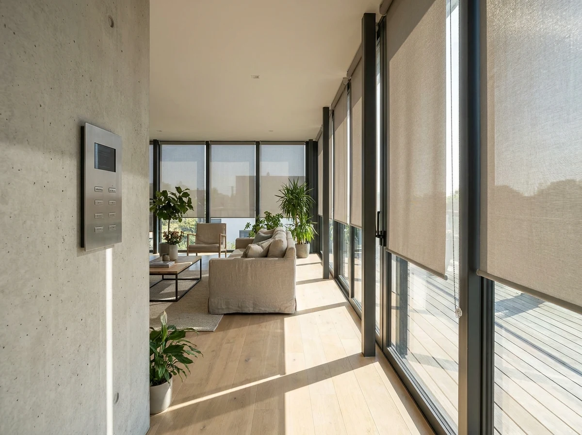 Wall-mounted control switch operating a row of roller blinds in a bright open-plan Beaulieu living space