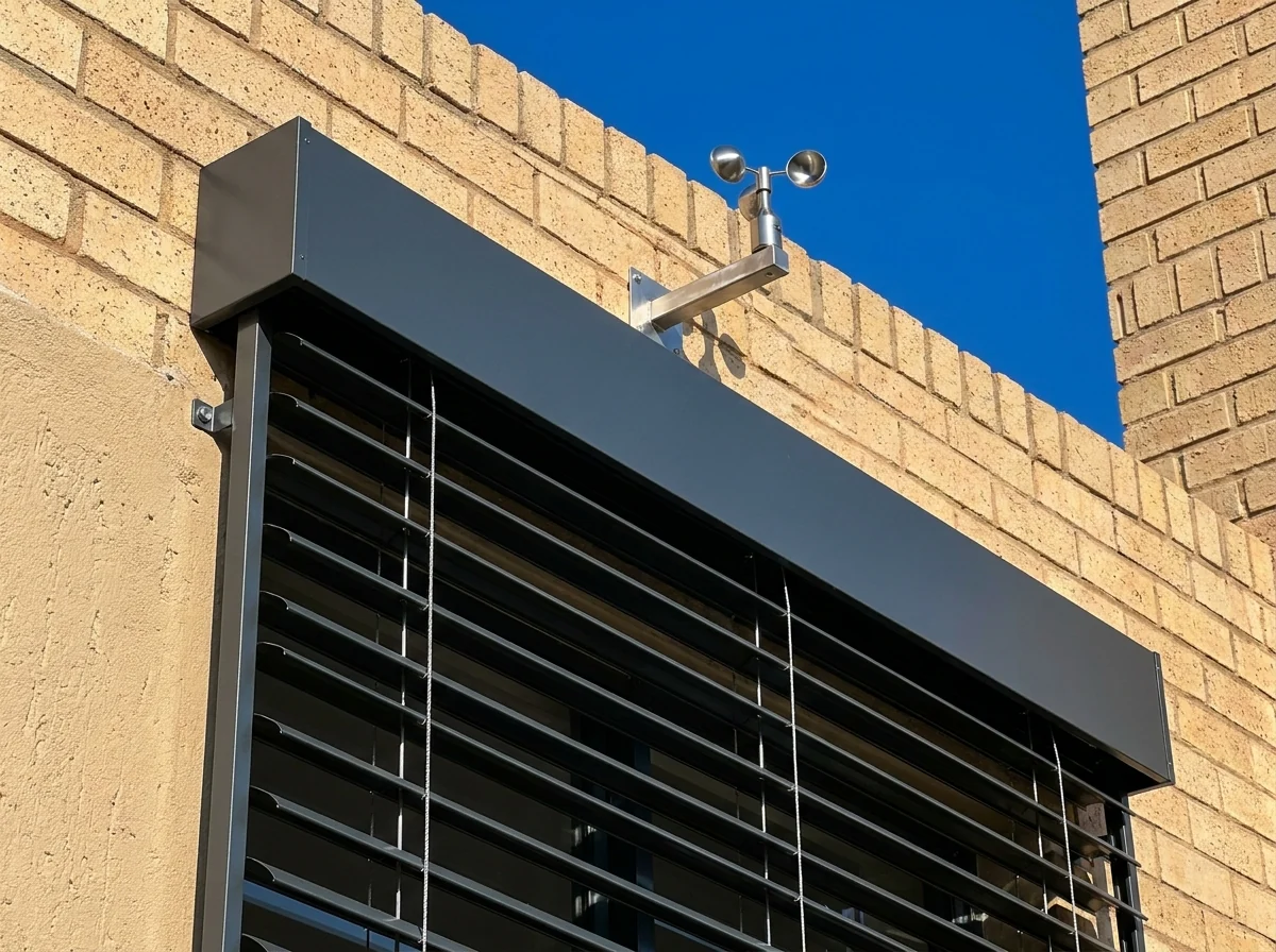 Charcoal head box and stainless cup wind sensor bolted to the face brick above an external venetian blind on a Beaulieu home, slats hanging straight in their guide wires