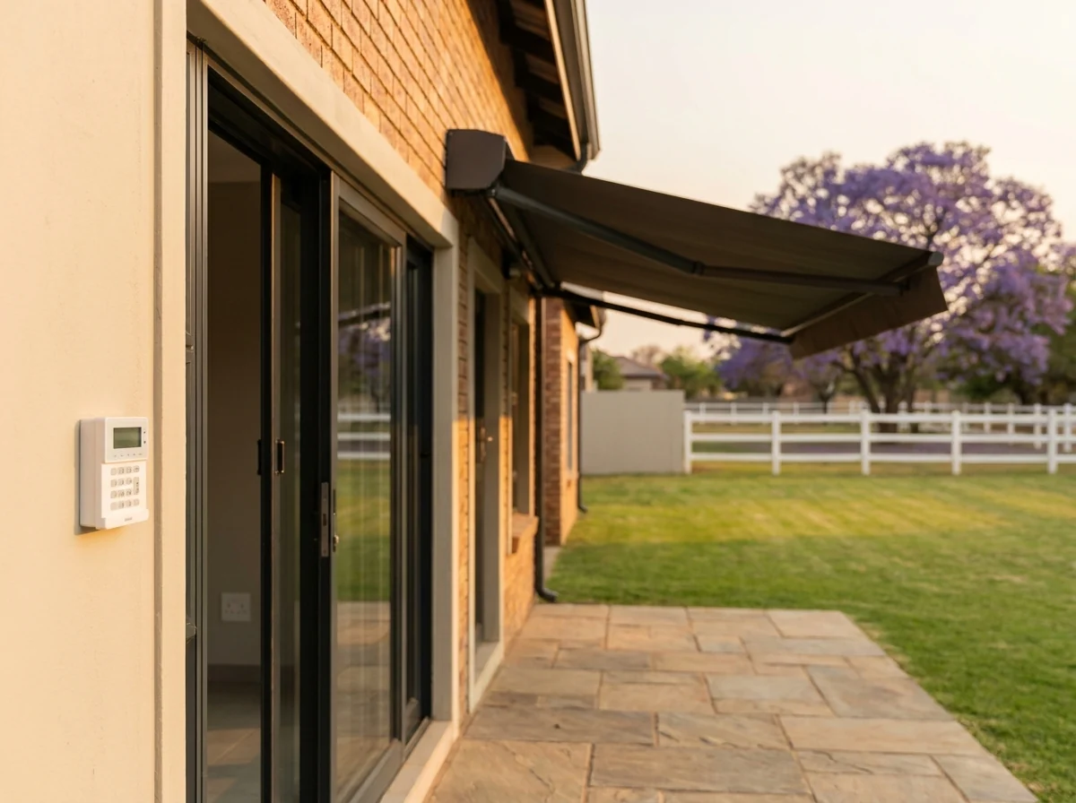 Wall keypad beside the stoep sliding door of a Beaulieu home, with the folding-arm awning it drives extended over the slasto behind it