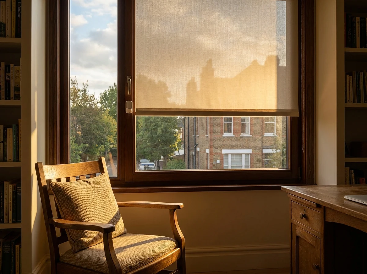 Sunscreen roller blind half lowered on a Beaulieu study window, late sun printing tree shadows across the fabric above the desk