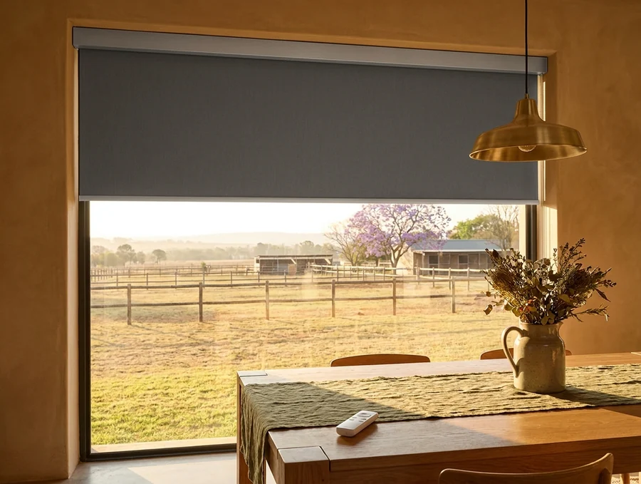 Charcoal motorised roller blind half lowered across a wide dining-room window in a Beaulieu home, its handheld remote lying on the oak table with stables and paddock fencing beyond the glass