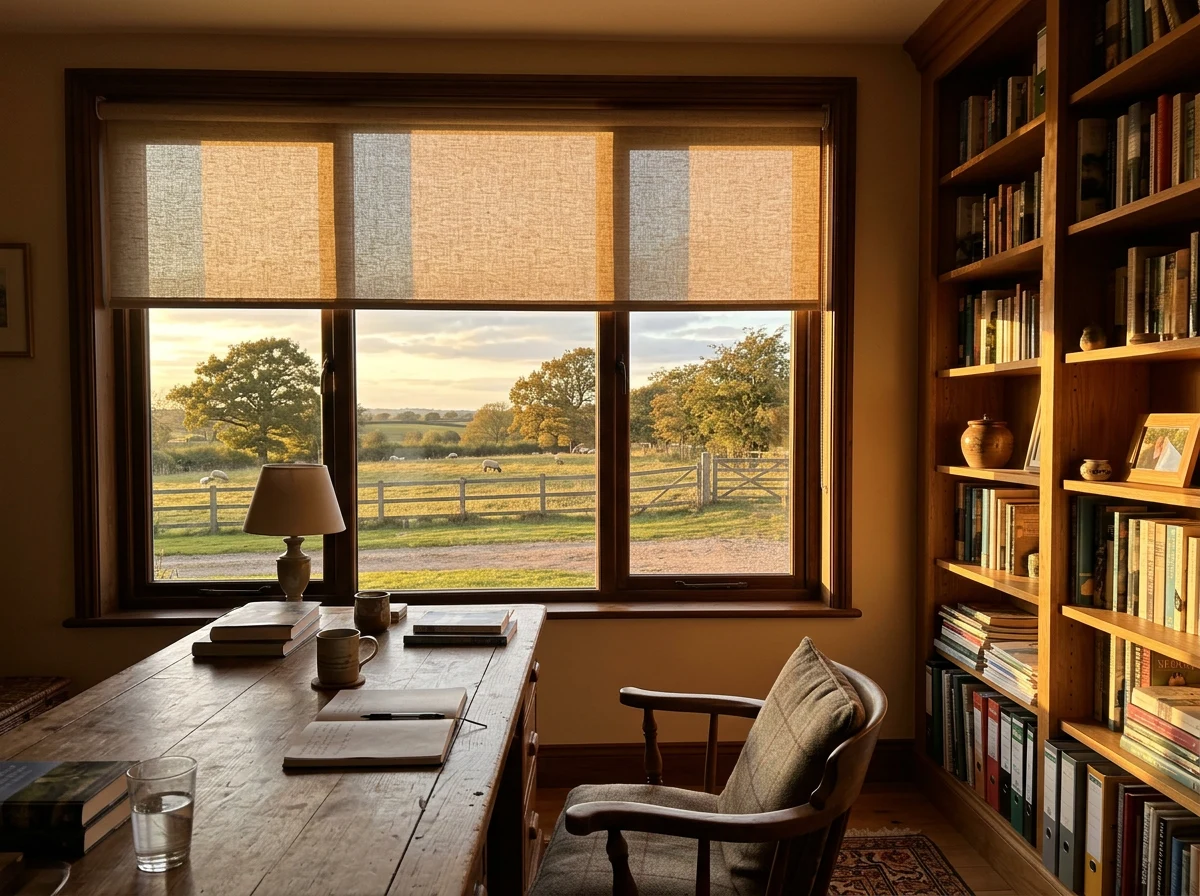 Roller blind partially lowered in a Beaulieu home study overlooking a paddock, late-afternoon light