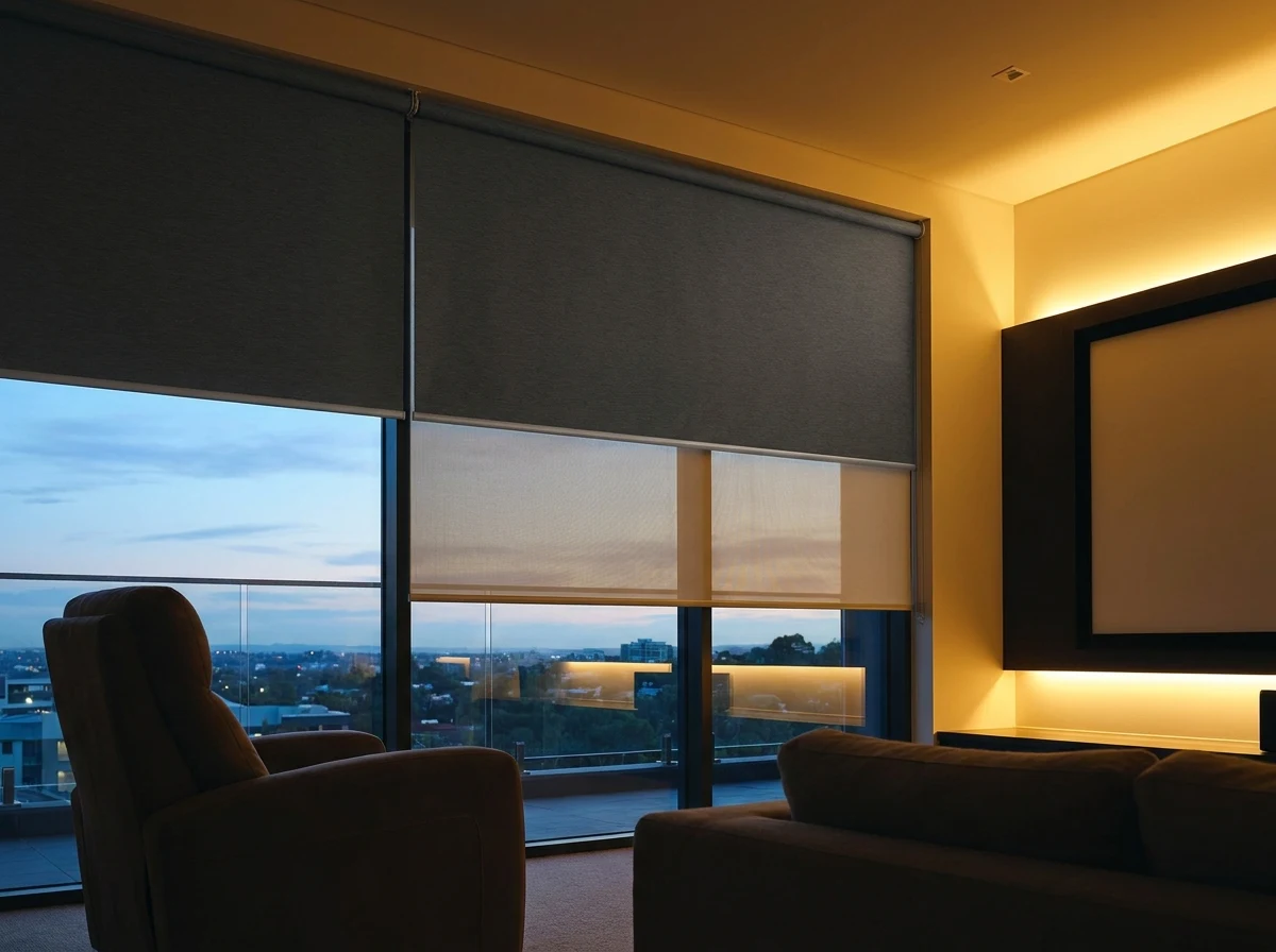 Double roller blind in a media lounge, blockout and sunscreen fabric lowered at dusk in a Beaulieu home