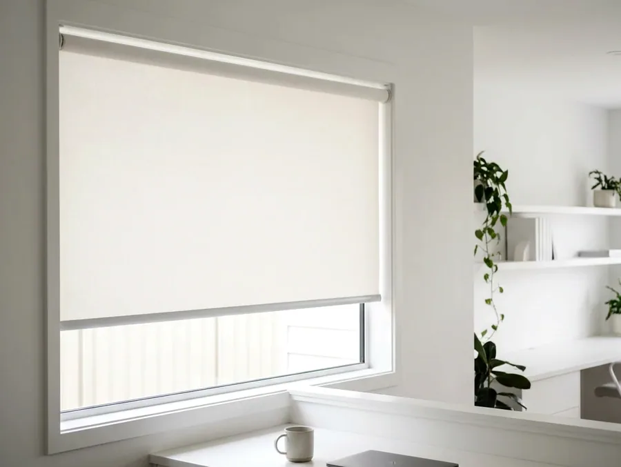 A blockout roller blind — one smooth flat panel of fabric on a tube, no folds — lowered over a wide window in a Beaulieu estate home